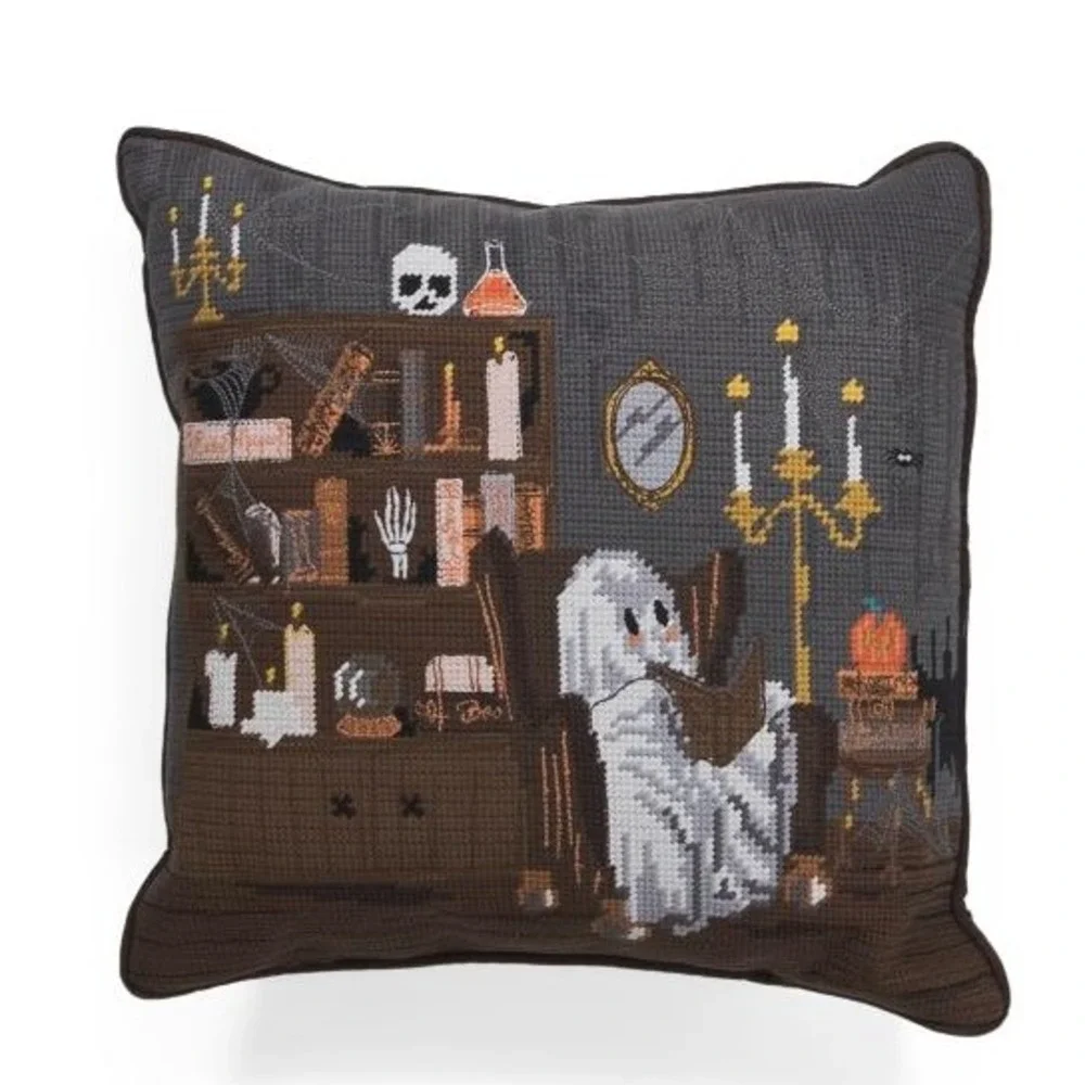 Rachel Ashwell Farmhouse Book Lover Ghost Needlepoint Pillow 14x14 Halloween
